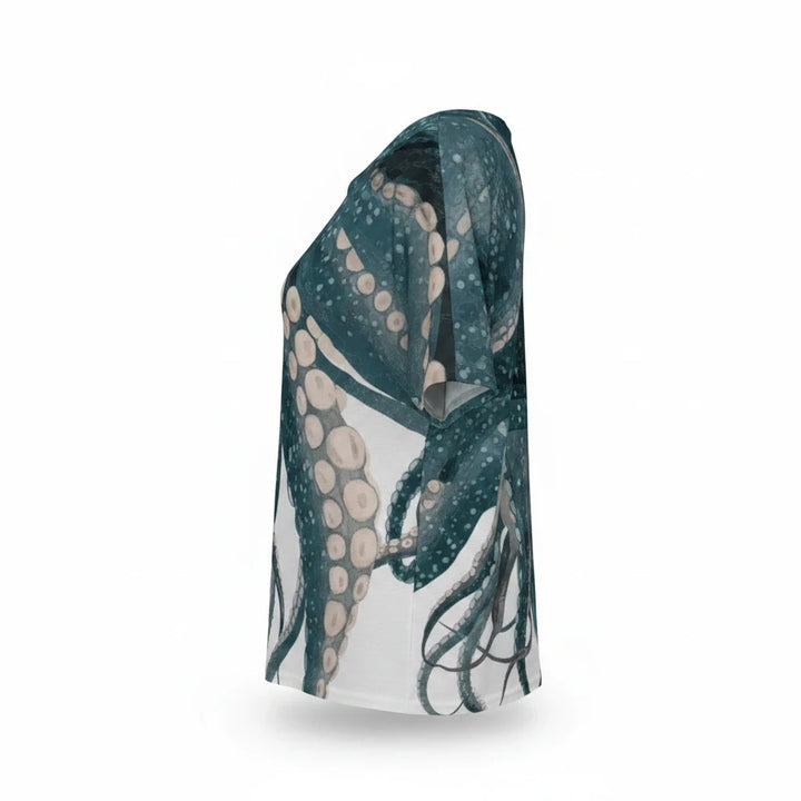 Sea Dragon Dreams women's short-sleeve jersey t-shirt with a teal and white octopus tentacle all-over print.