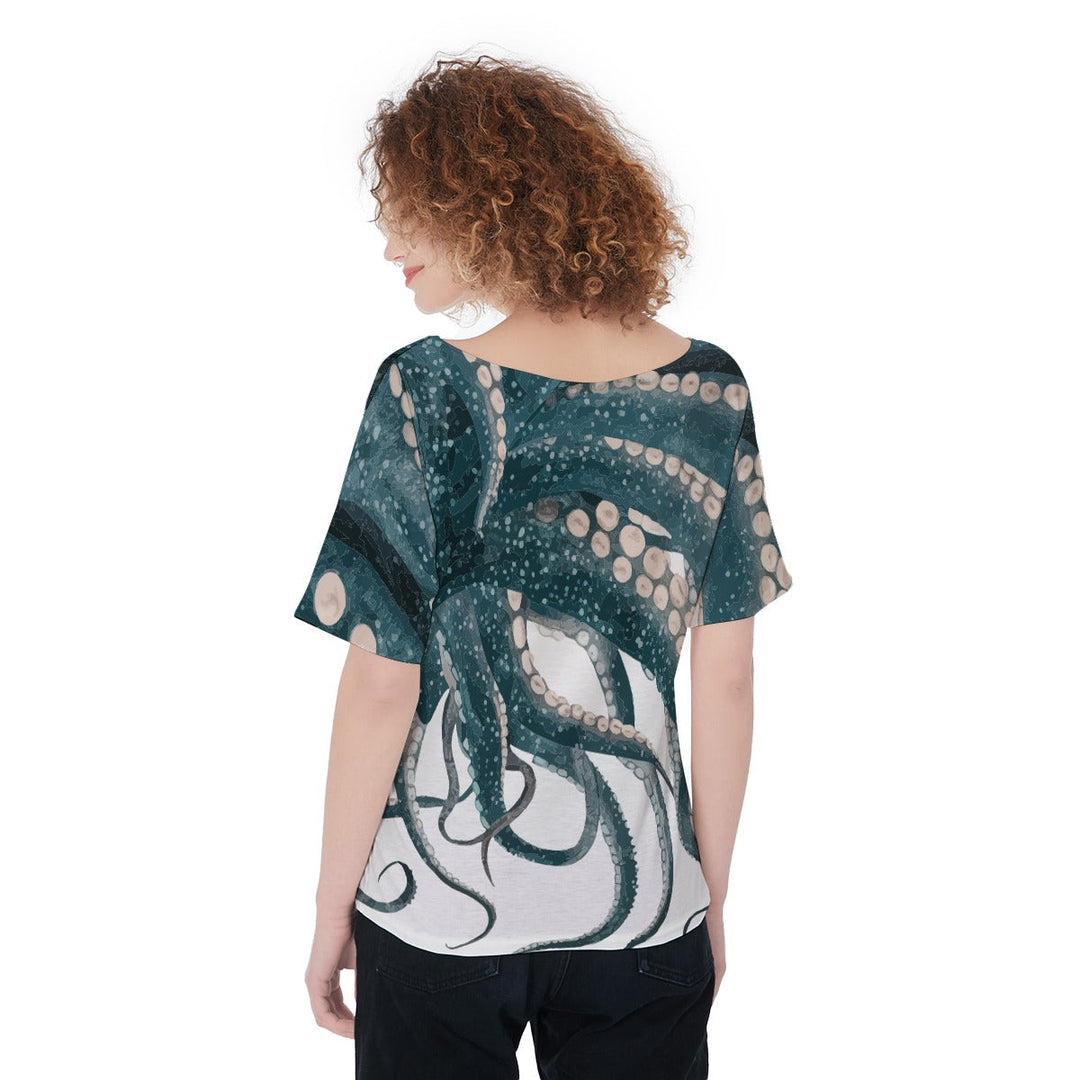 Sea Dragon Dreams women's short-sleeve t-shirt with a teal and white octopus tentacle all-over print design