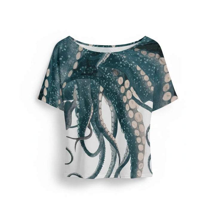 Sea Dragon Dreams women's short-sleeve crew neck t-shirt featuring a detailed blue octopus tentacle print