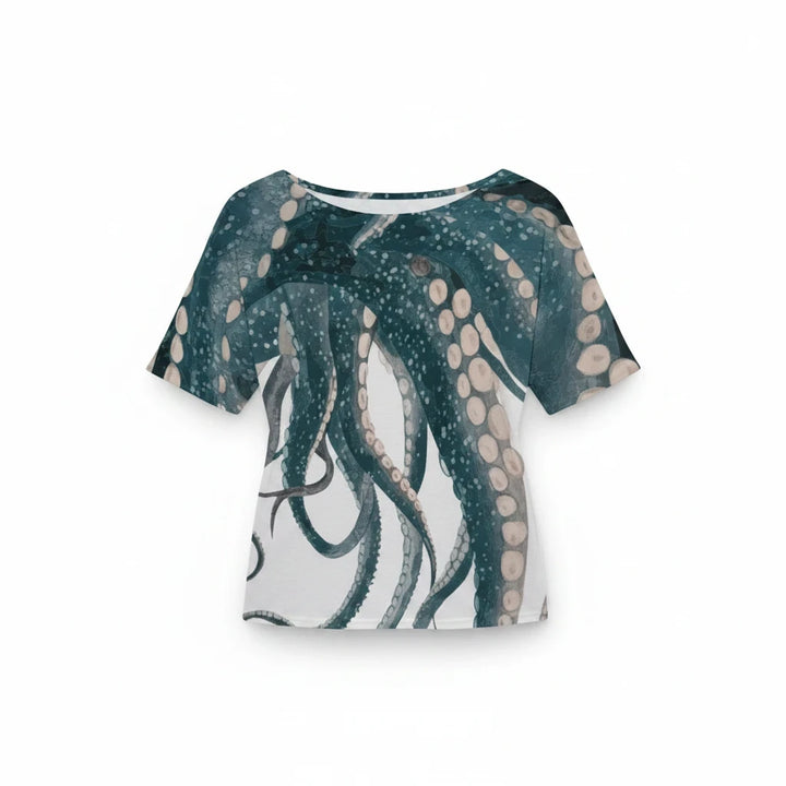 Sea Dragon Dreams women's short-sleeve crew neck t-shirt featuring a detailed teal and white octopus tentacle print