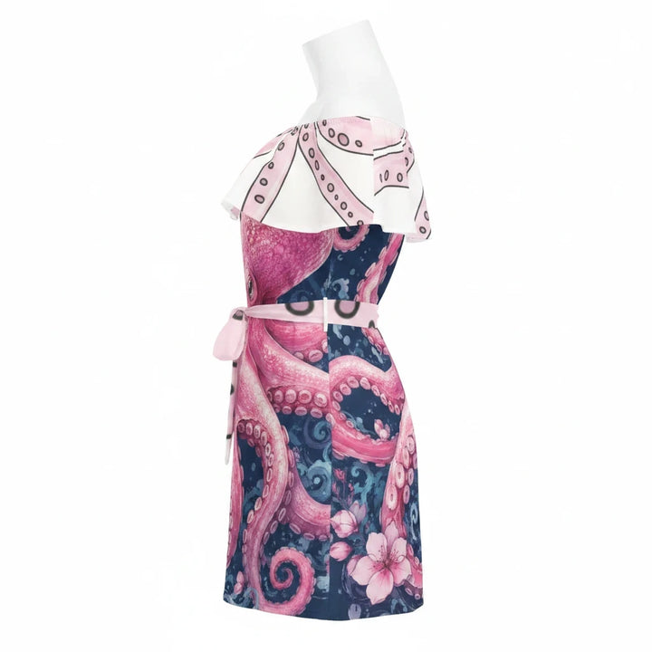 Sea Dragon Dreams off-shoulder ruffle dress featuring a pink octopus and floral print on a dark blue background.