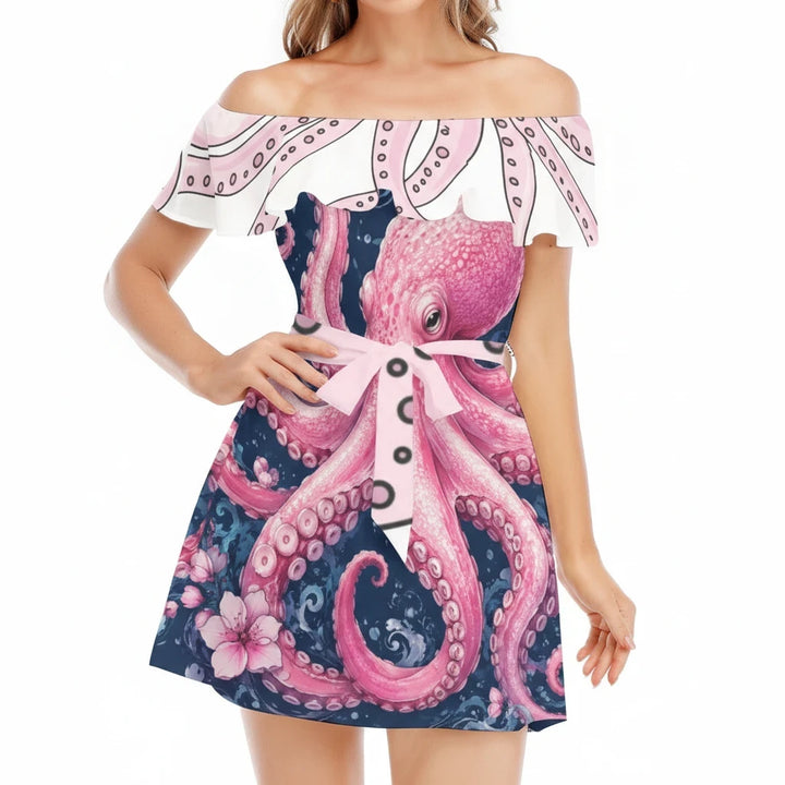 Sea Dragon Dreams off-shoulder ruffle dress featuring a pink octopus and floral print on a dark blue background.
