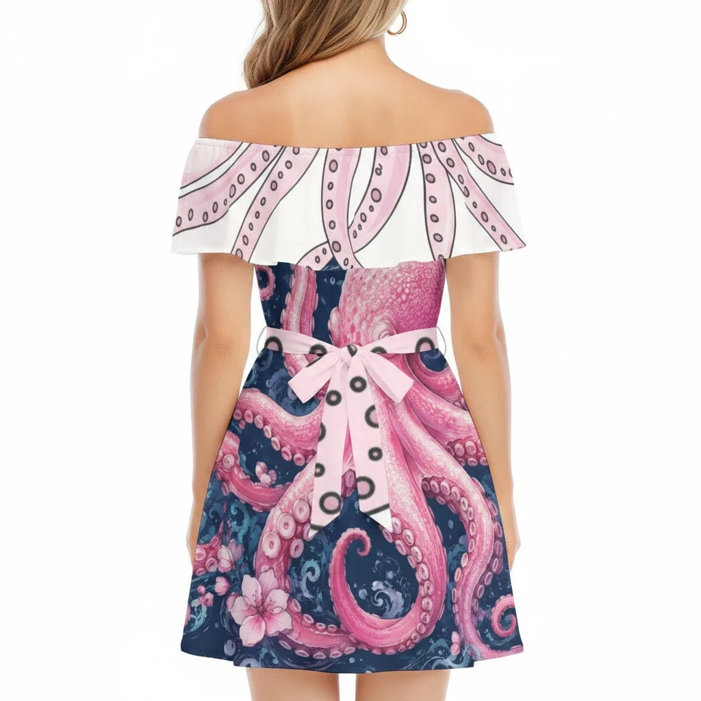 Sea Dragon Dreams off-shoulder ruffle dress with pink octopus and floral print on a dark blue background