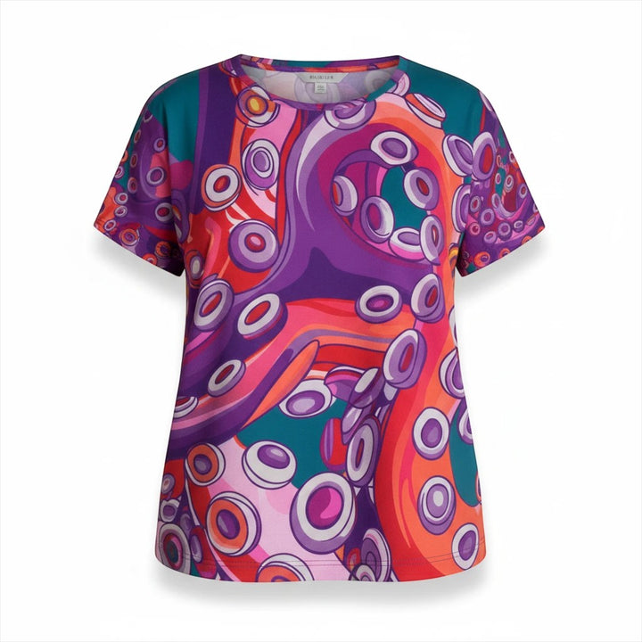 Sea Dragon Dreams women's sports jersey featuring a vibrant, artistic purple and orange octopus tentacle pattern.