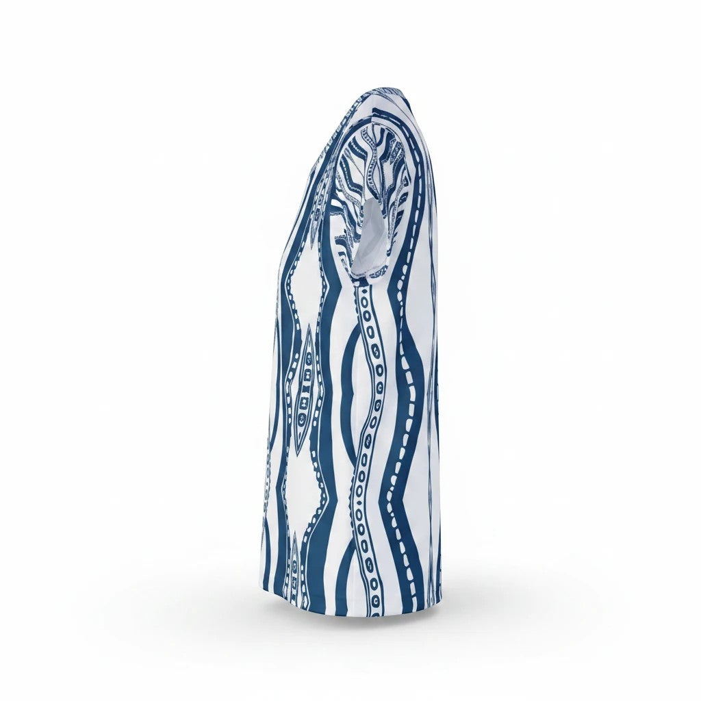 Sea Dragon Dreams women's moisture-wicking sports jersey with a blue and white downward octopus pattern, side view.