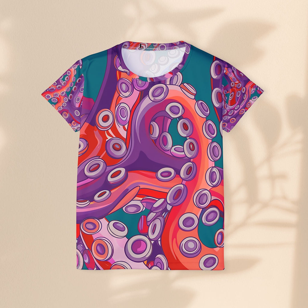 Sea Dragon Dreams women's sports jersey featuring a vibrant, colorful octopus tentacle pattern on polyester fabric.