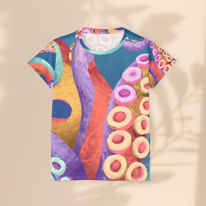 Sea Dragon Dreams women's sports jersey featuring a vibrant, colorful octopus tentacle pattern on polyester fabric.