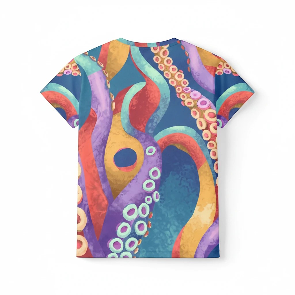 Sea Dragon Dreams women's sports jersey featuring a vibrant, colorful octopus tentacle pattern on a blue background.