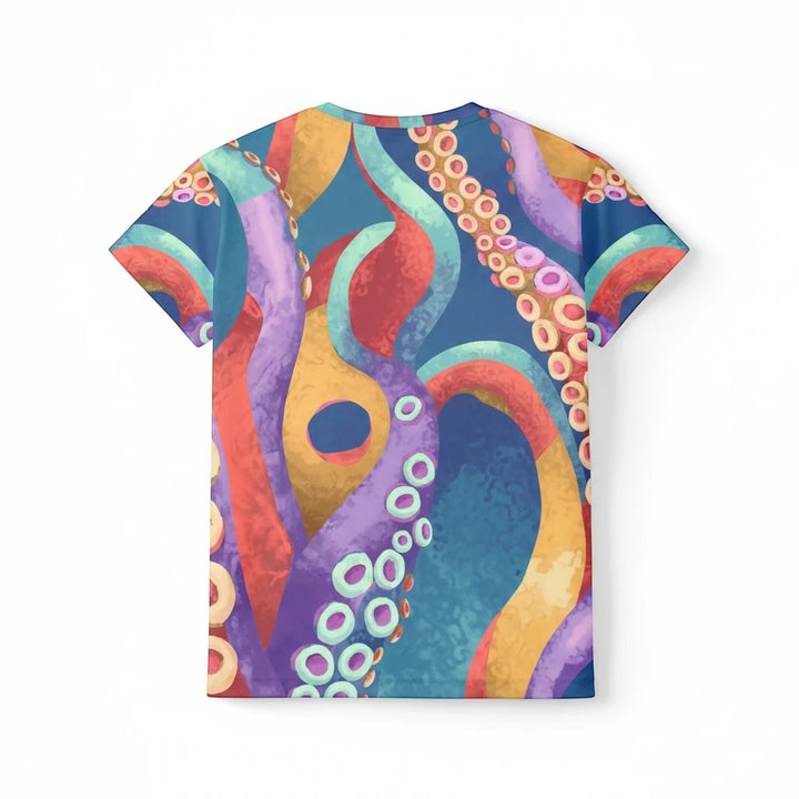 Sea Dragon Dreams women's sports jersey featuring a vibrant, colorful octopus tentacle pattern on a blue background.