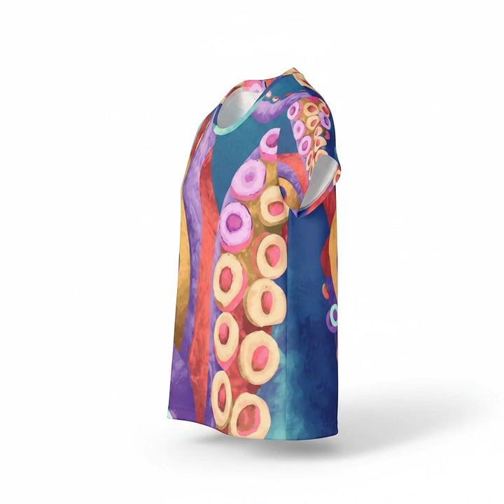 Sea Dragon Dreams women's sports jersey featuring a vibrant, colorful octopus tentacle print on moisture-wicking fabric