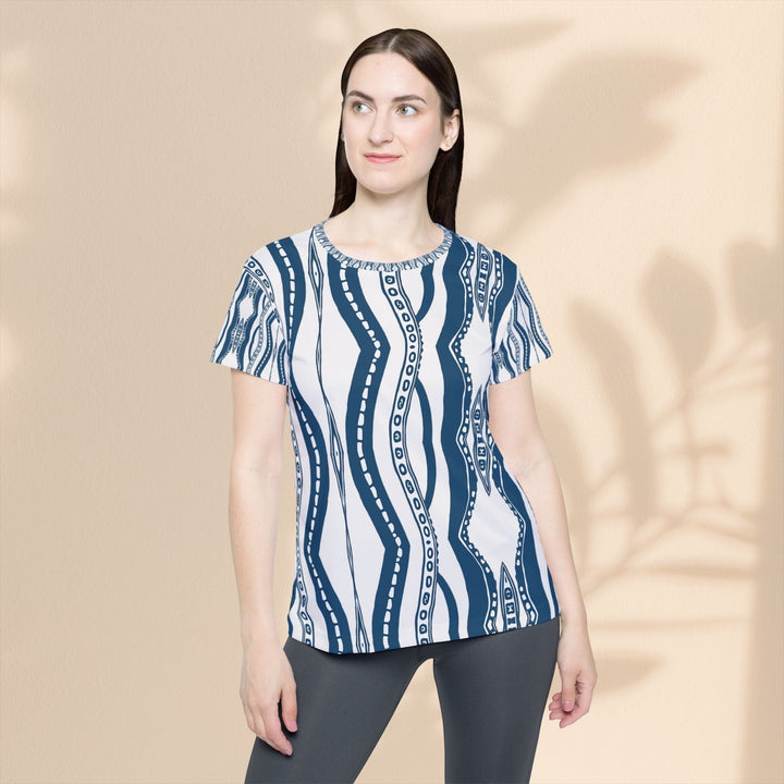 Sea Dragon Dreams women's moisture-wicking sports jersey featuring a blue and white downward octopus tentacle pattern.