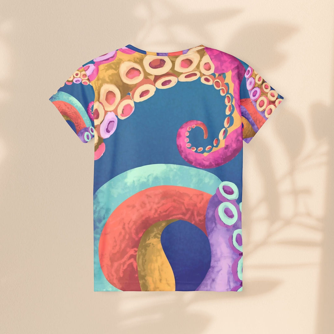 Sea Dragon Dreams Octopus Party women's sports jersey featuring a colorful octopus tentacle print on a blue background.