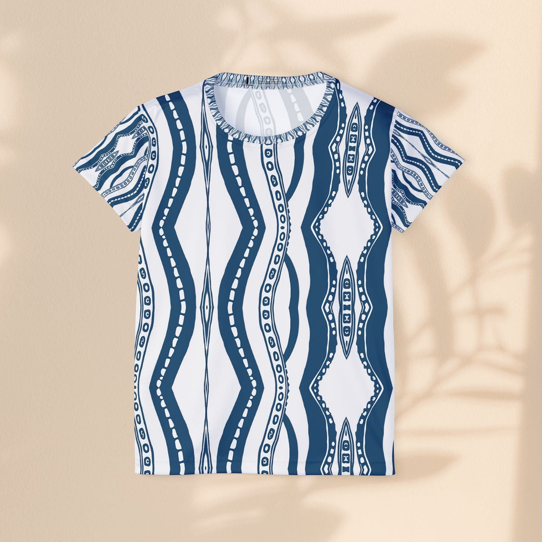 Sea Dragon Dreams women's moisture-wicking sports jersey featuring a blue and white downward octopus pattern.
