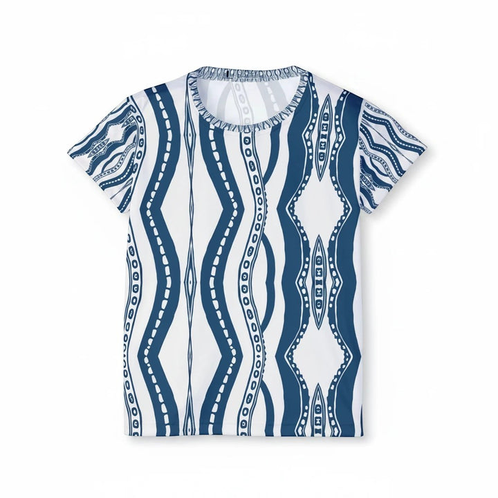 Sea Dragon Dreams women's moisture-wicking sports jersey featuring a white and blue downward octopus pattern.