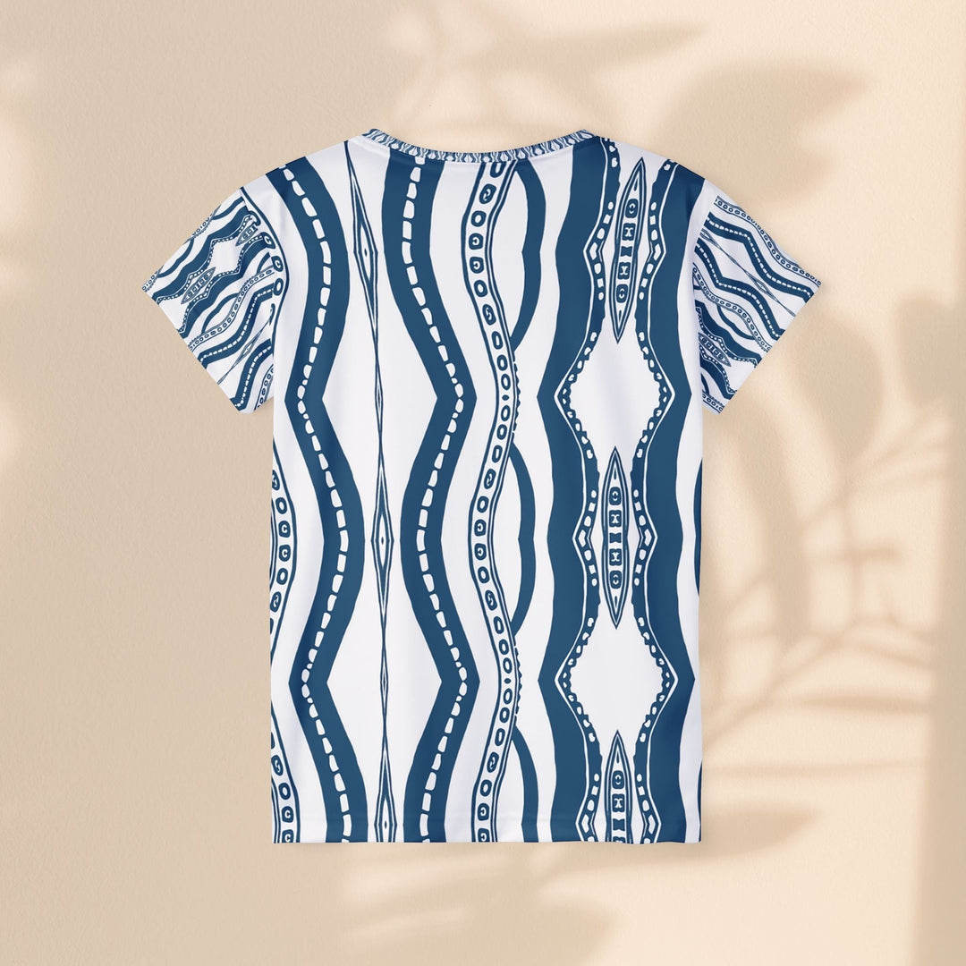 Sea Dragon Dreams women's moisture-wicking sports jersey with a blue and white downward octopus pattern, back view.