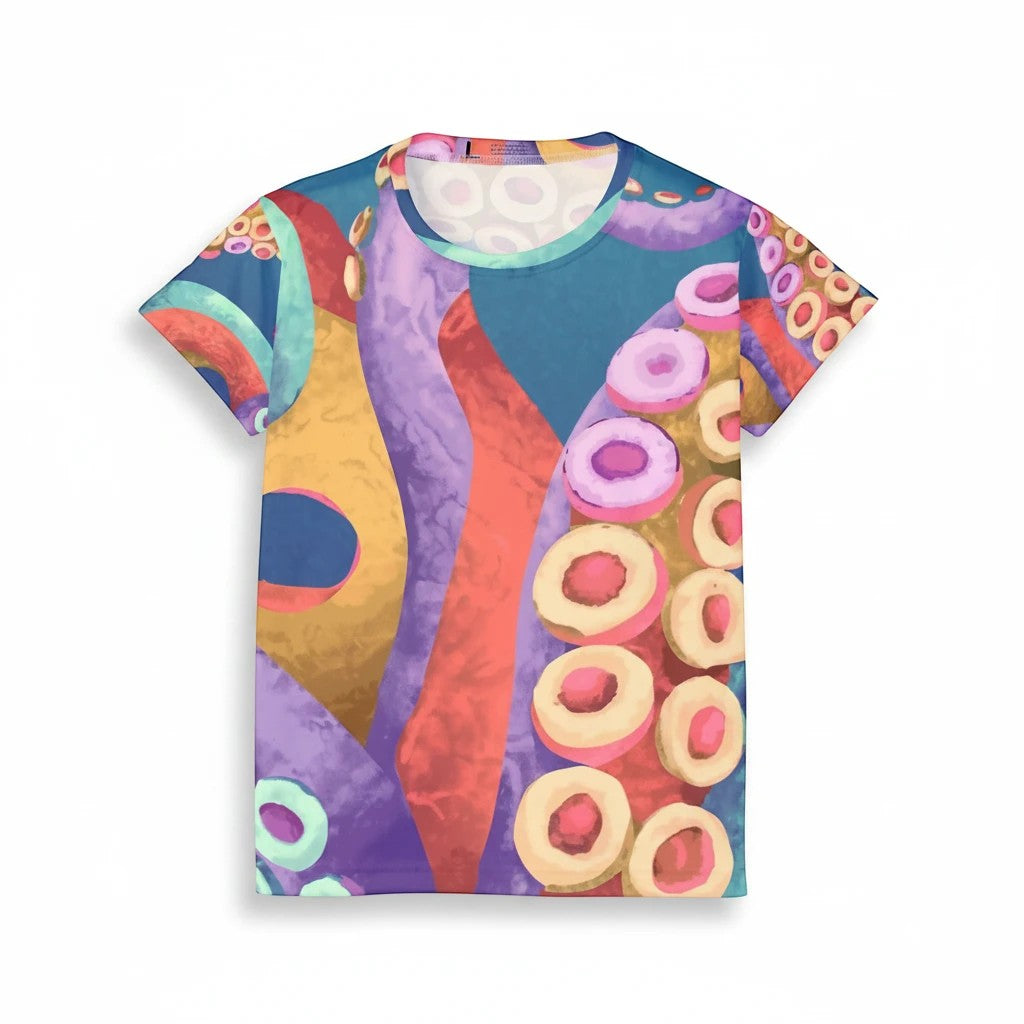 Sea Dragon Dreams women's sports jersey featuring a vibrant, colorful octopus tentacle pattern on moisture-wicking fabric.