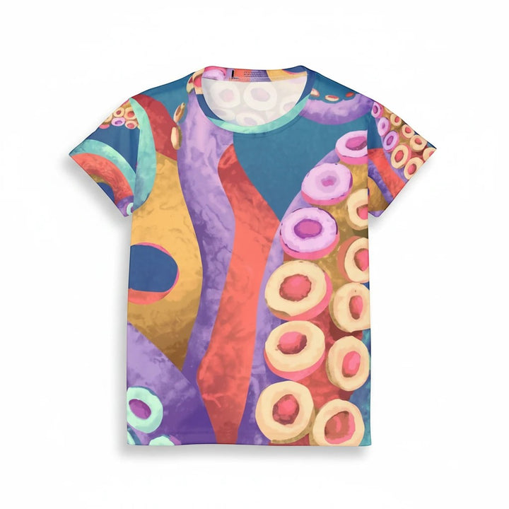 Sea Dragon Dreams women's sports jersey featuring a vibrant, colorful octopus tentacle pattern on moisture-wicking fabric.