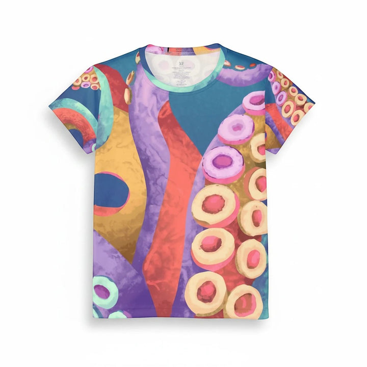 Sea Dragon Dreams women's sports jersey featuring a vibrant, colorful octopus tentacle pattern on moisture-wicking fabric.