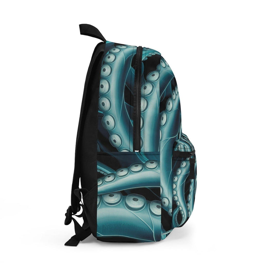 Sea Dragon Dreams Octopus Twist Backpack in blue with a detailed tentacle pattern, shown from a side profile view.