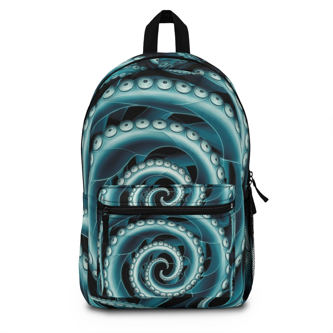 Sea Dragon Dreams Octopus Twist Backpack in teal and black with a swirling tentacle pattern and front zip pocket.