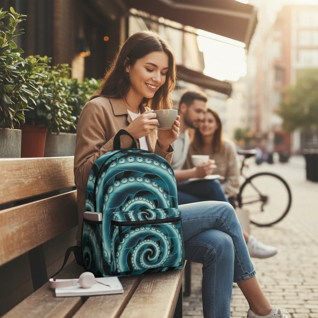 Sea Dragon Dreams Octopus Twist Backpack with blue swirling tentacle pattern sitting on a bench next to a woman.