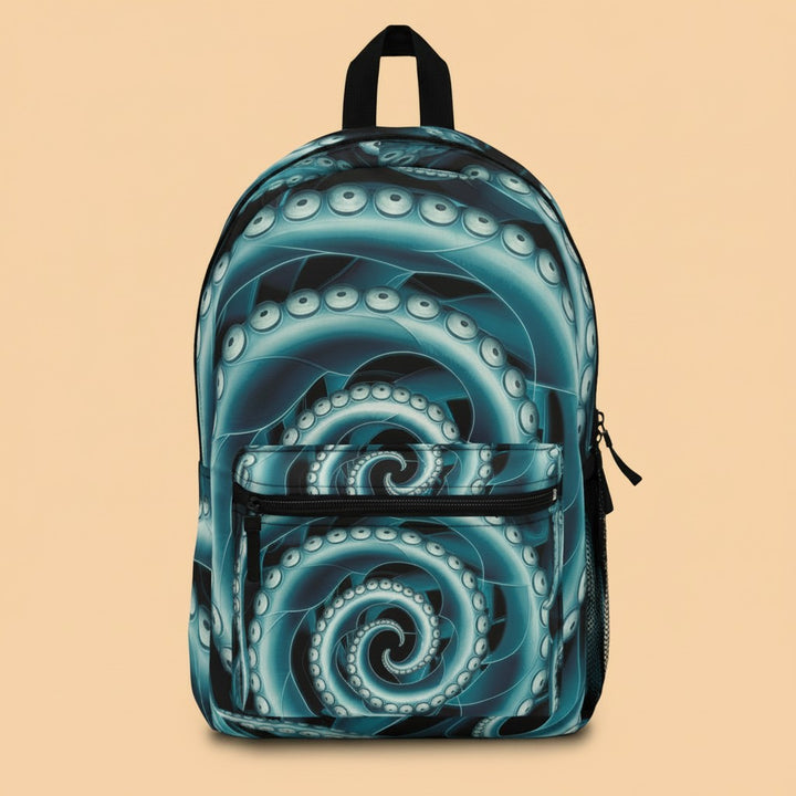 Sea Dragon Dreams Octopus Twist Backpack featuring a blue and black swirling octopus tentacle pattern on polyester