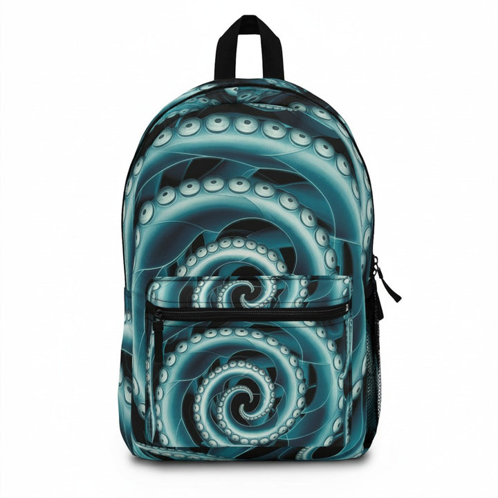 Sea Dragon Dreams Octopus Twist backpack featuring a teal and black swirling tentacle pattern on durable polyester