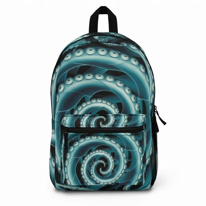 Sea Dragon Dreams Octopus Twist Backpack featuring a blue and teal swirling tentacle pattern on durable polyester.