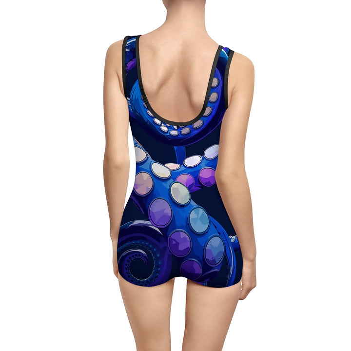 Sea Dragon Dreams vintage style swimsuit with blue octopus tentacle print and boyshort bottoms, back view