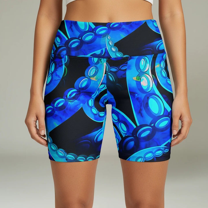 Sea Dragon Dreams Octopus Delight workout shorts featuring a vibrant blue octopus tentacle print on polyester fabric.