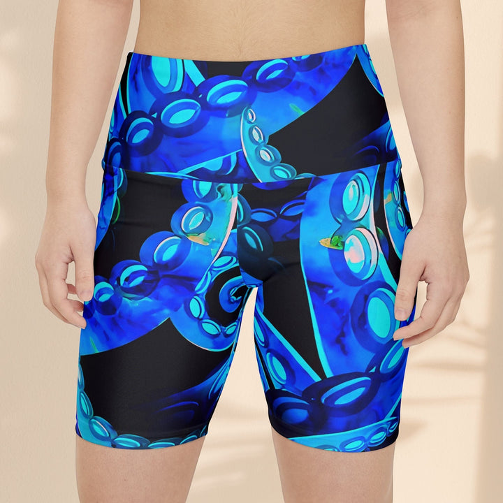 Sea Dragon Dreams Octopus Delight workout shorts featuring a vibrant blue octopus tentacle print on polyester fabric.