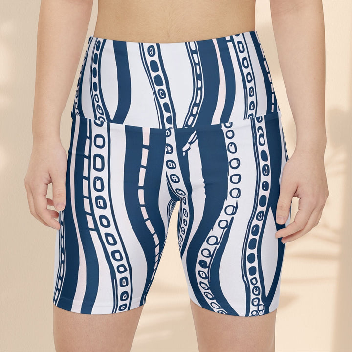 Sea Dragon Dreams women's workout shorts featuring a navy blue and white octopus tentacle print in polyester fabric.
