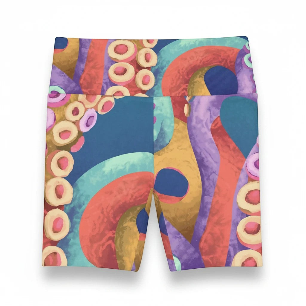 Sea Dragon Dreams high-waisted workout shorts featuring a vibrant, colorful octopus tentacle pattern on blue fabric.