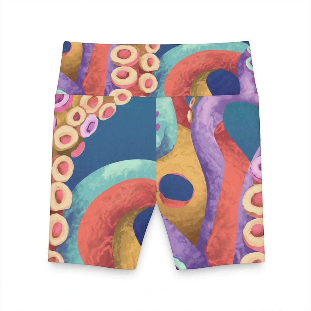 Sea Dragon Dreams Octopus Party workout shorts featuring a vibrant, colorful octopus tentacle print on polyester fabric.