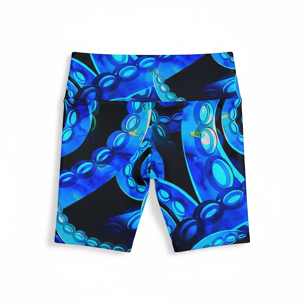 Sea Dragon Dreams Octopus Delight workout shorts in blue and black with a vibrant octopus tentacle print.