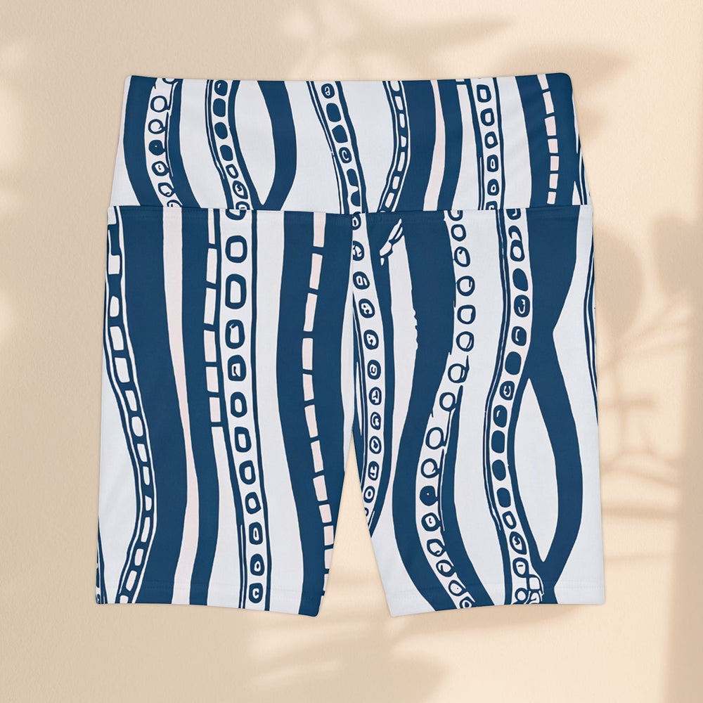 Sea Dragon Dreams women's workout shorts featuring a navy blue and white octopus tentacle print in polyester fabric.