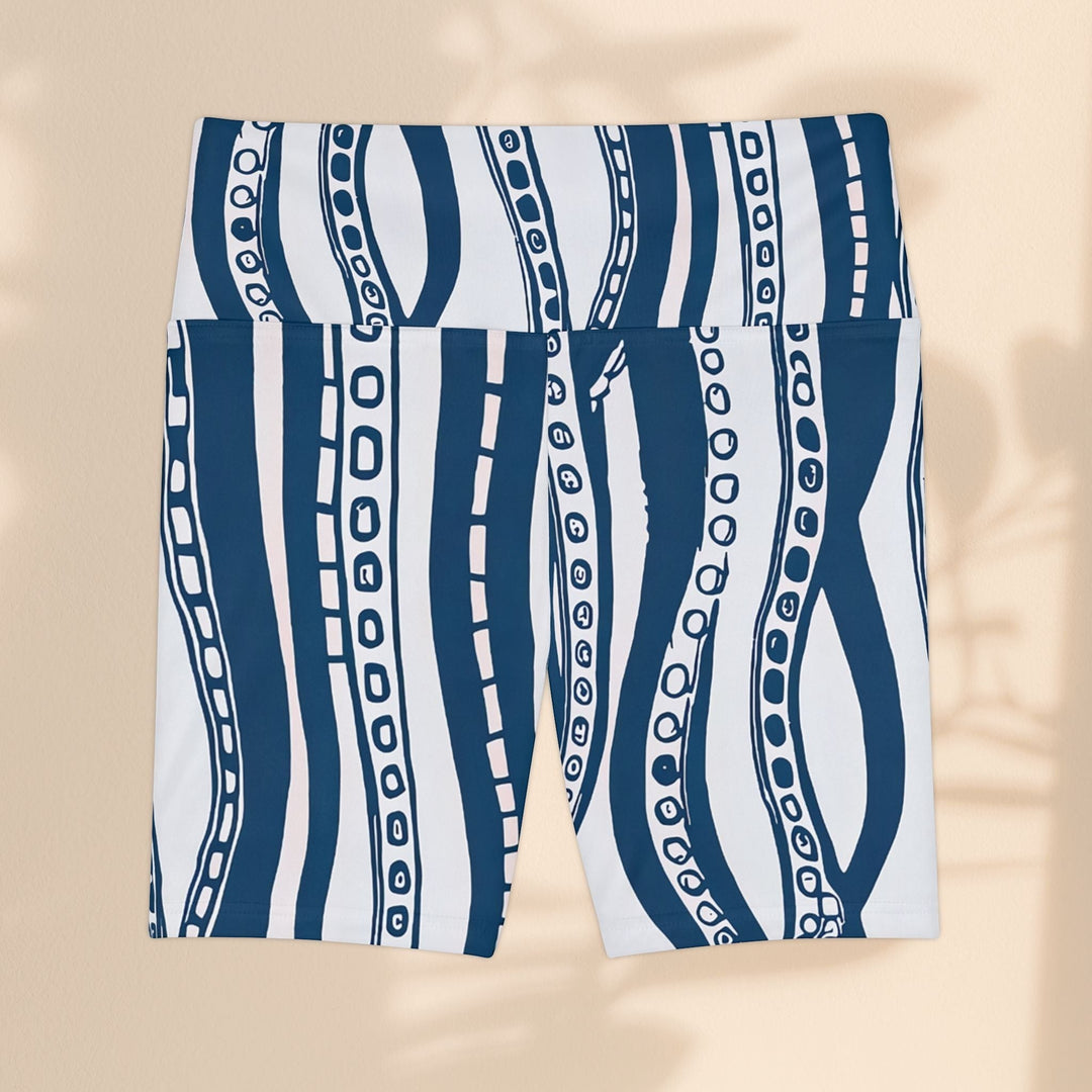 Sea Dragon Dreams women's workout shorts featuring a navy blue and white octopus tentacle print in polyester fabric.