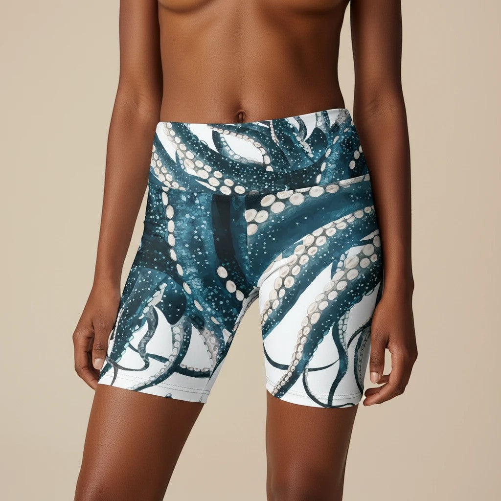 Sea Dragon Dreams women's workout shorts featuring a vibrant blue and white octopus tentacle print in polyester.