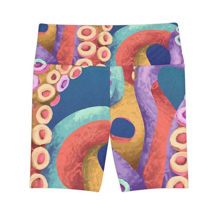 Sea Dragon Dreams Octopus Party workout shorts with a vibrant, colorful octopus tentacle pattern on a blue background.