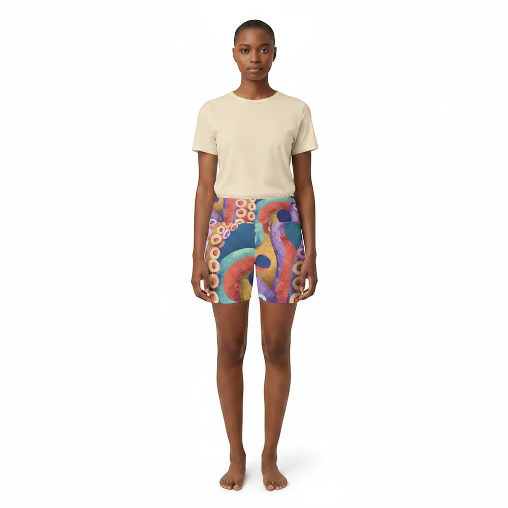 Sea Dragon Dreams women's workout shorts featuring a vibrant octopus tentacle print with a high waistband.