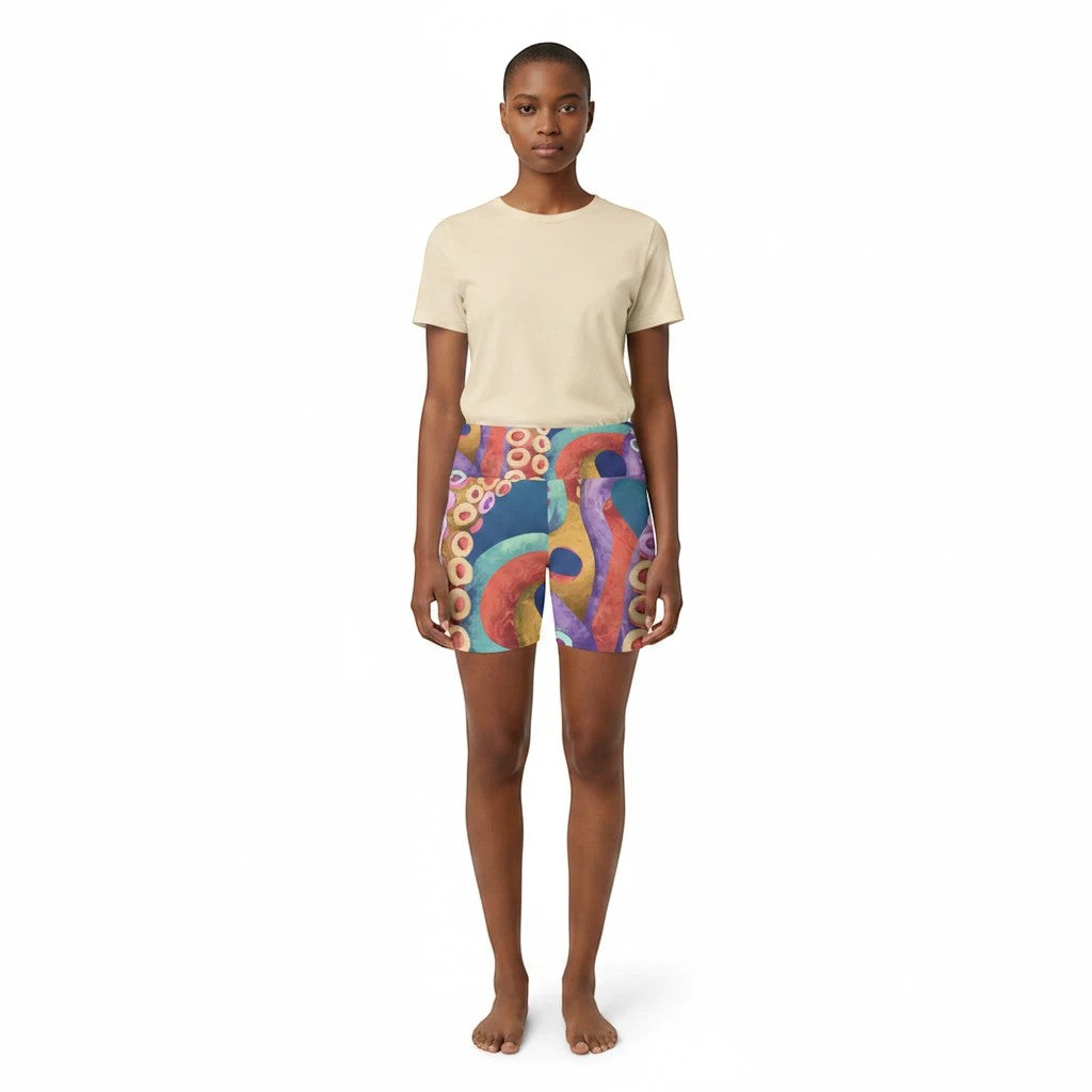 Sea Dragon Dreams women's workout shorts featuring a vibrant octopus tentacle print with a high waistband.