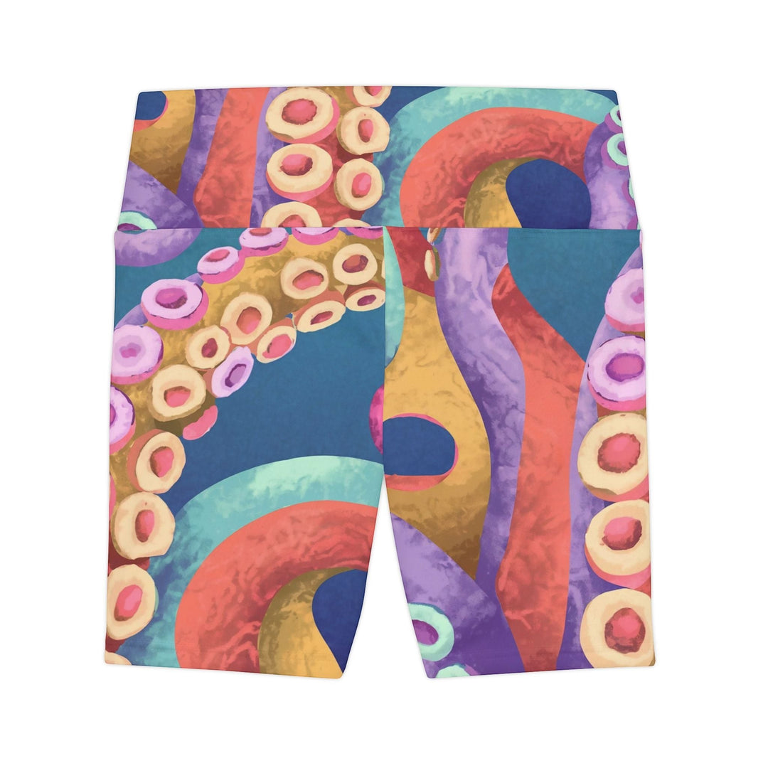 Sea Dragon Dreams high-waisted workout shorts featuring a vibrant, colorful octopus tentacle pattern on blue fabric.