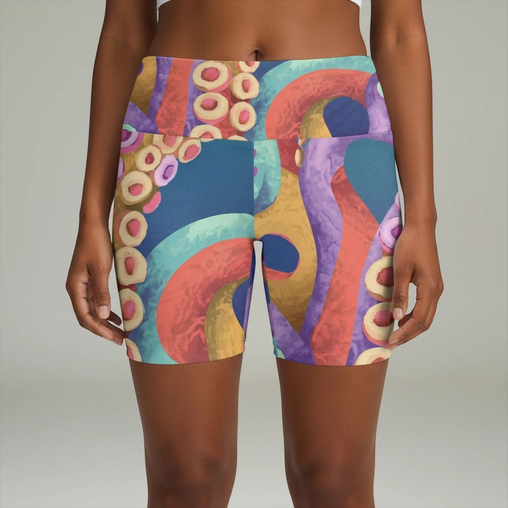 Sea Dragon Dreams high-waisted workout shorts featuring a vibrant, colorful octopus tentacle pattern on polyester fabric.