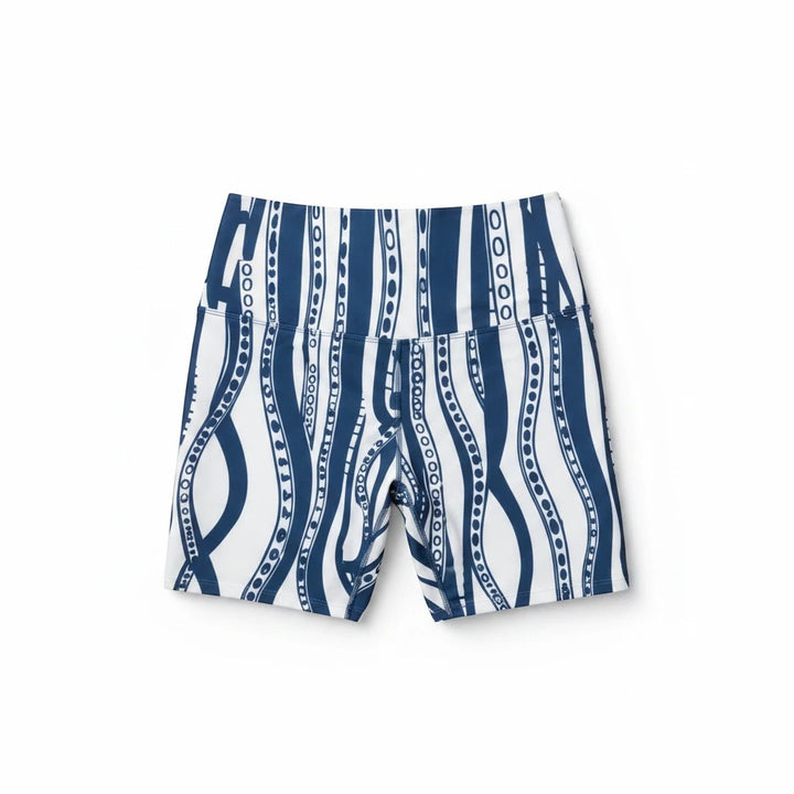 Sea Dragon Dreams Downward Octopus workout shorts in white with blue tentacle print, made of 100% polyester.