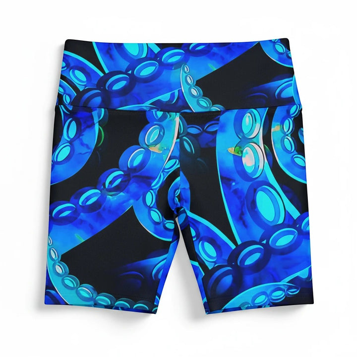 Sea Dragon Dreams Octopus Delight workout shorts featuring a vibrant blue octopus tentacle print on black polyester.