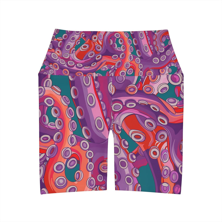 Sea Dragon Dreams high waisted yoga shorts featuring a vibrant purple and orange octopus tentacle pattern.