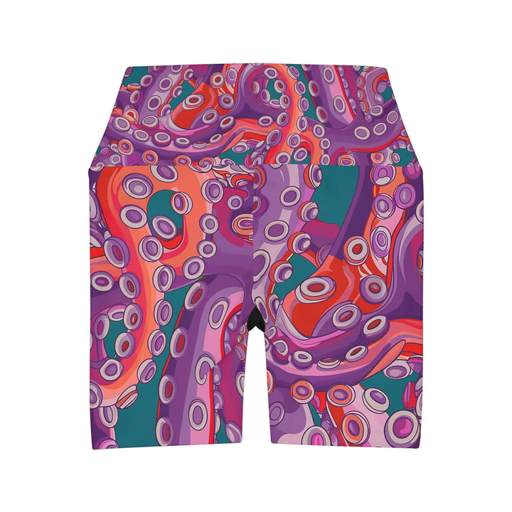 Sea Dragon Dreams high waisted yoga shorts featuring a vibrant purple and orange octopus tentacle pattern.