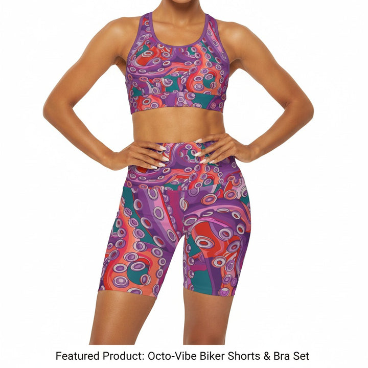 Sea Dragon Dreams high waisted yoga shorts featuring a vibrant purple and orange octopus tentacle pattern