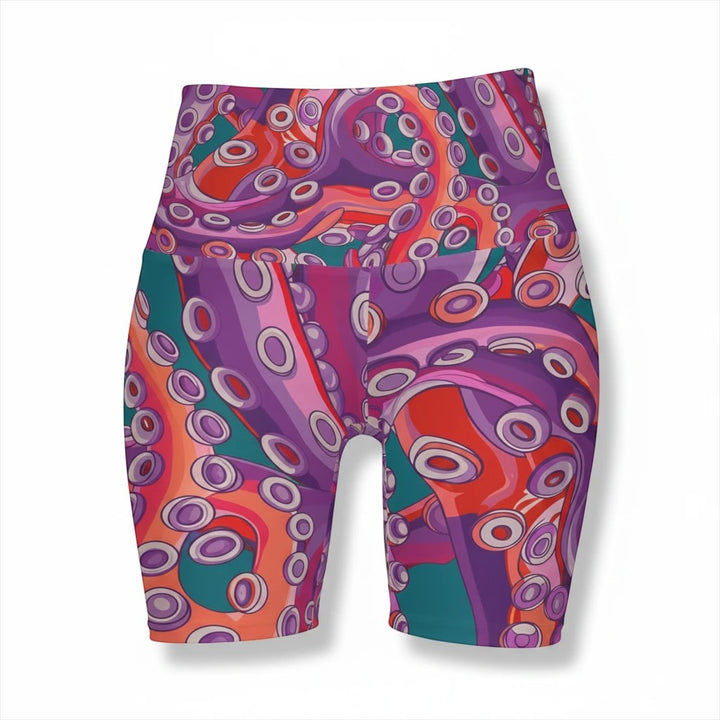 Sea Dragon Dreams high waisted yoga shorts featuring a vibrant purple and orange octopus tentacle pattern.