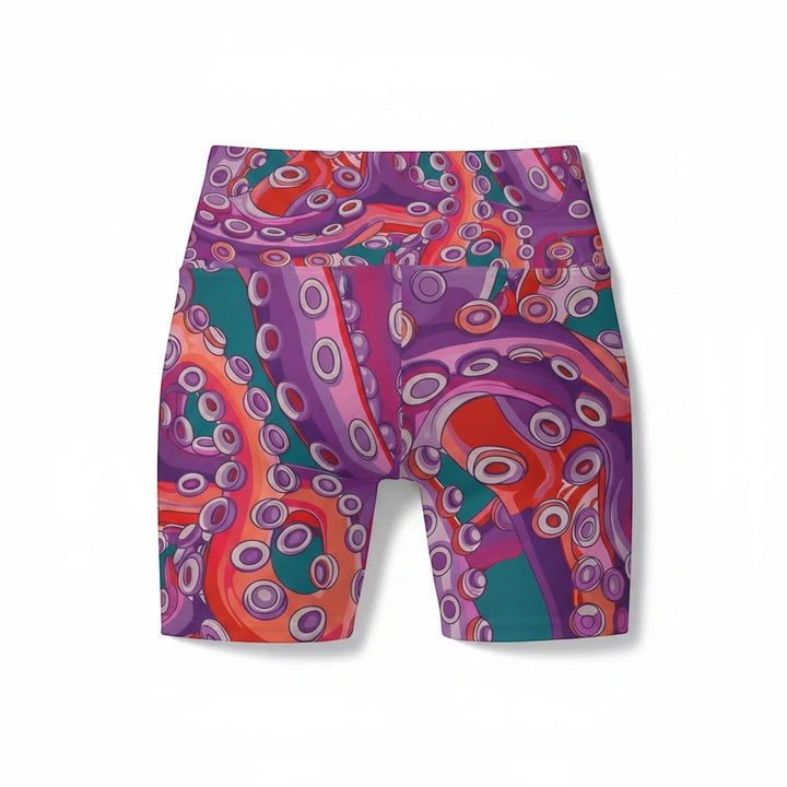 Sea Dragon Dreams high waisted yoga shorts featuring a vibrant purple and red octopus tentacle pattern on microfiber.